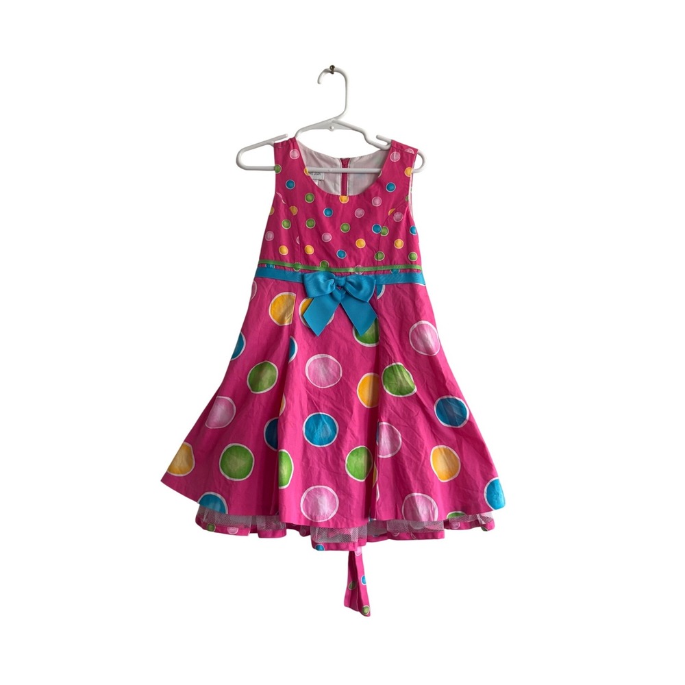 Bonnie Jean Girls Pink Polka Dot Fit and Flare Party Dress Size 4T Bow Accent